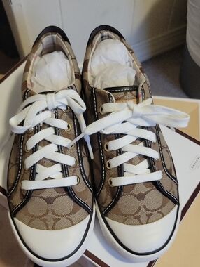 Coach Sigature Canvas Lace-Up Sneakers in Tan and White